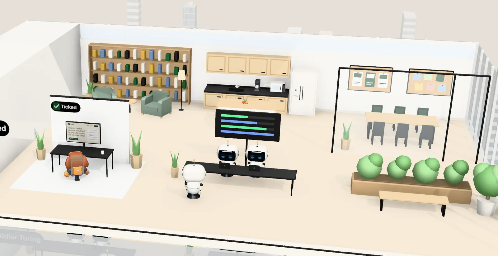 Ticked’s office on floor 15 of Tower 2: the owner’s desk with the website on screen, the agents’ bench, a meeting room and a library